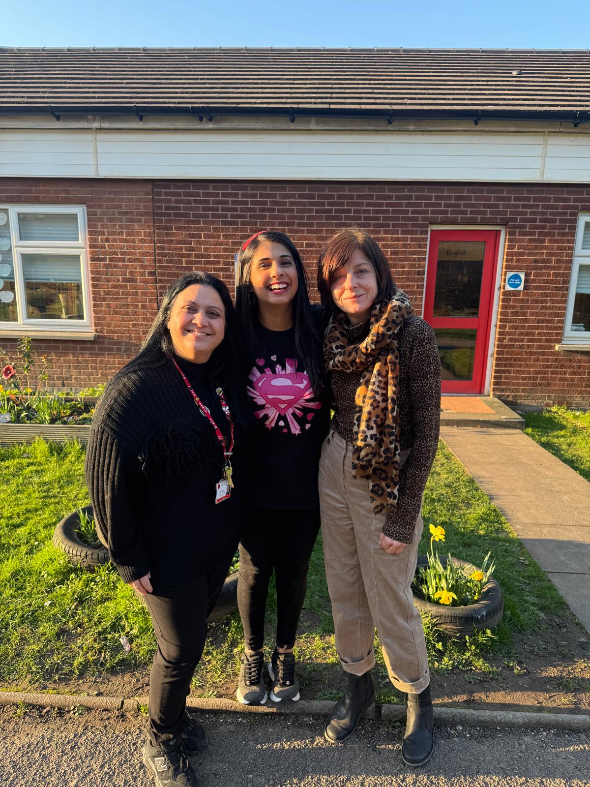 Saira Shah with the headteacher and English lead at English Martyrs