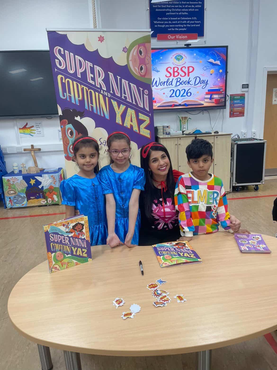 Saira Shah signing books with children on World Book Day